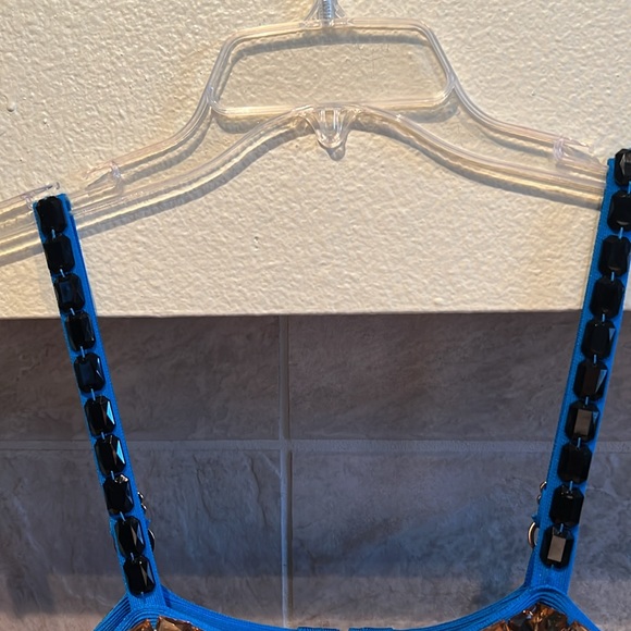 Blue Multicolor Mesh V Neck Embellished Beaded Bandage Bodycon Mini Dress - Picture 5 of 11